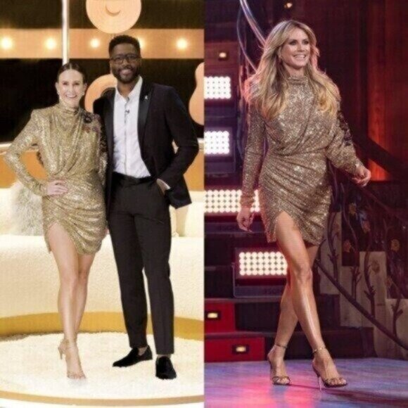 Redemption Runway Gold Sequin Draped Floral Turtleneck Mini Dress Size L - Picture 16 of 16